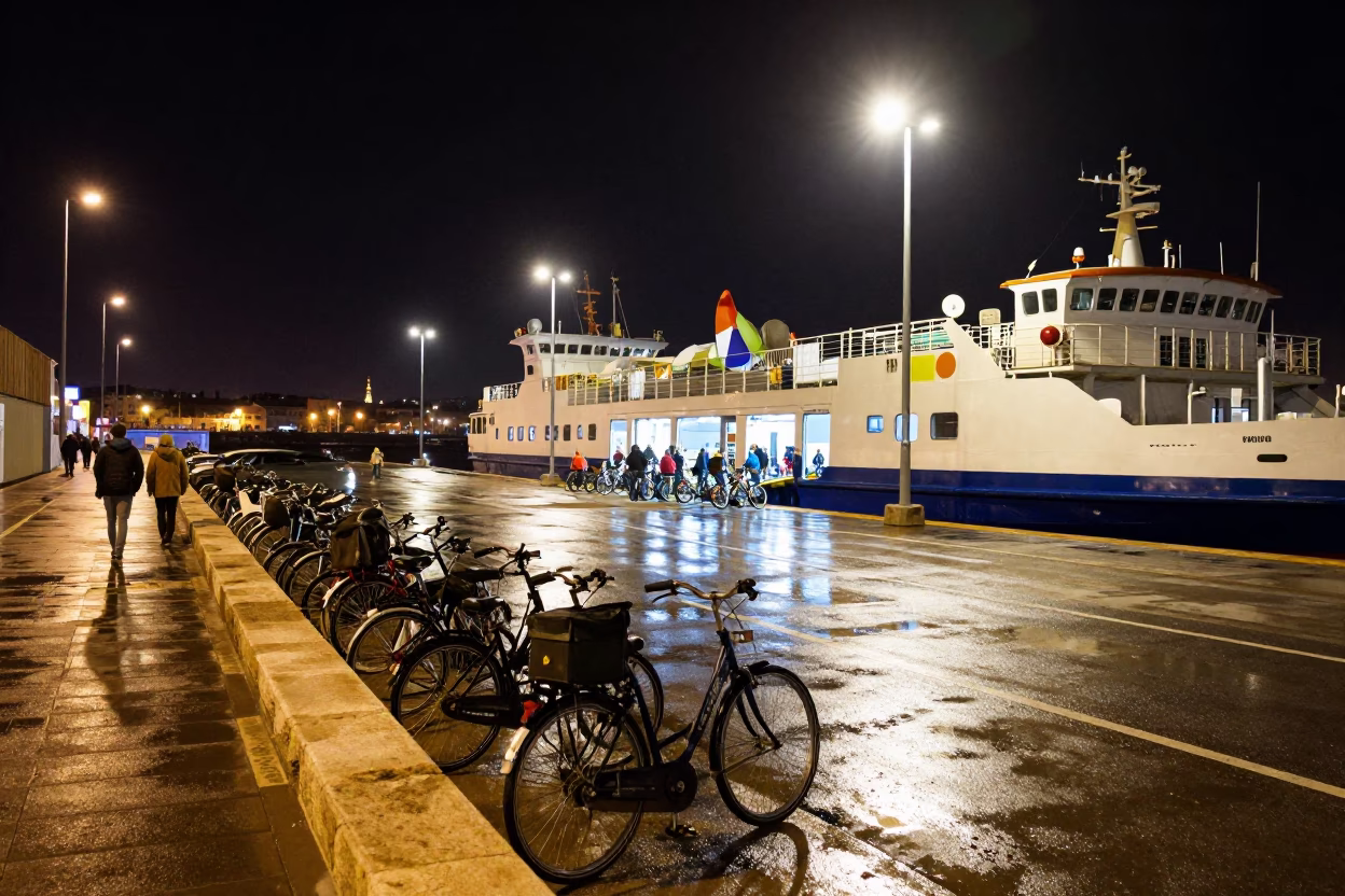 Nighttime Ferry Dock Scene in Marseille France with Bicycles and Stone Architecture in in Marseille, France