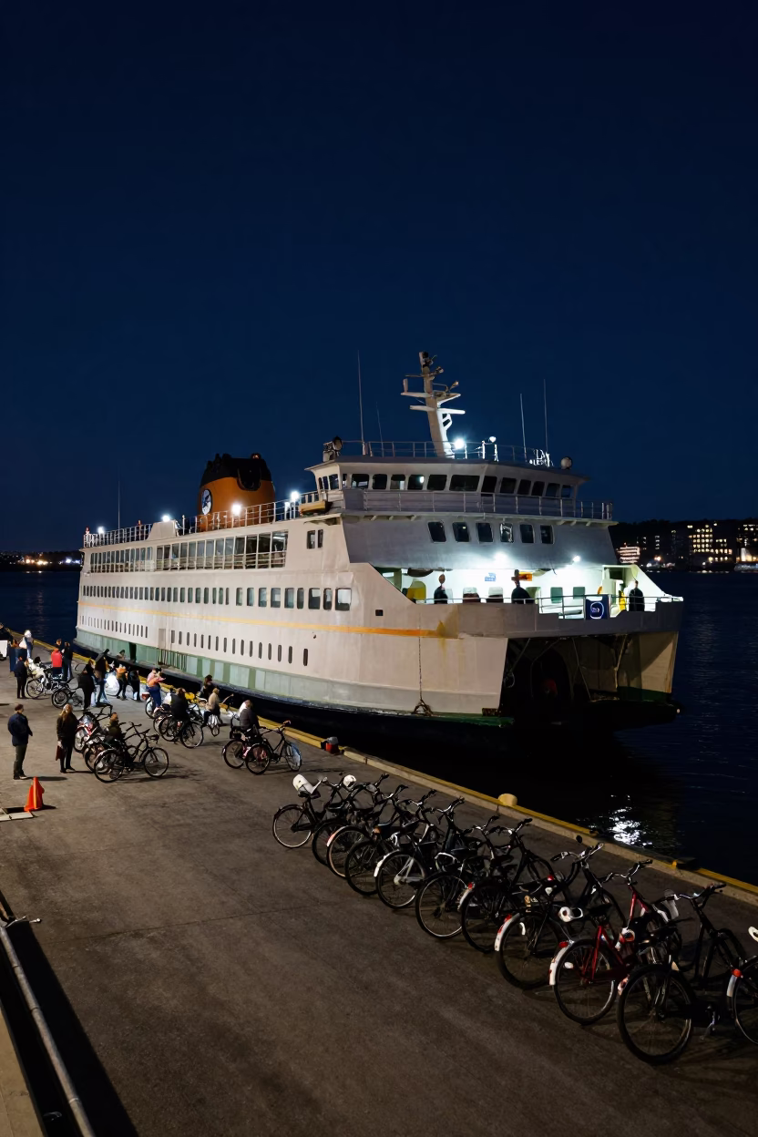 Nighttime Ferry Loading Passengers and Bicycles at Quebec City Dock in in Quebec City, Quebec, Canada