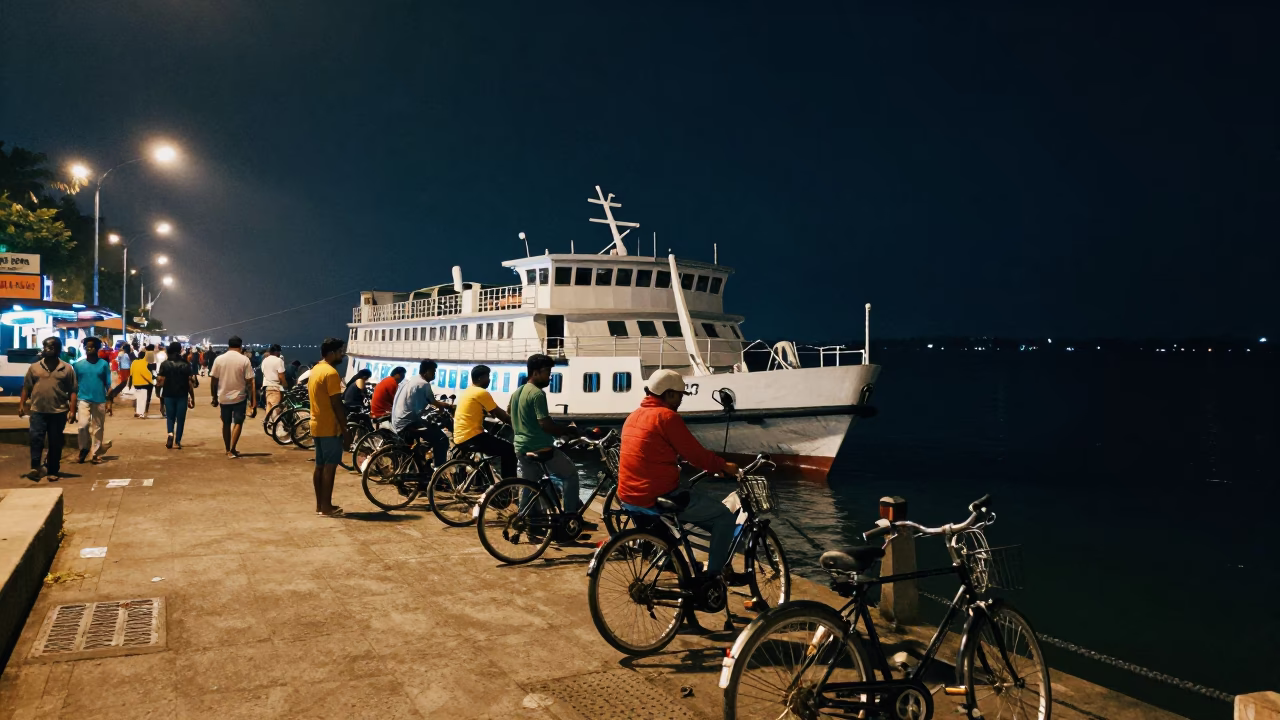 Nighttime Ferry Operations at Kochi Waterfront India with Passengers and Bicycles in in Kochi, India