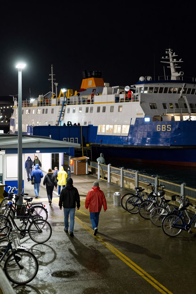 Nighttime Ferry Terminal Scene with Passengers and Bicycles in San Francisco California in in San Francisco, California, United States