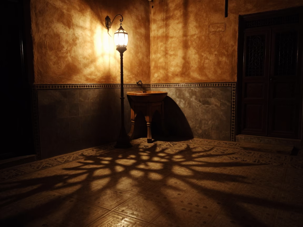 Nighttime Fez Interior with Tiled Floor and Traditional Moroccan Decor in in Fez, Morocco