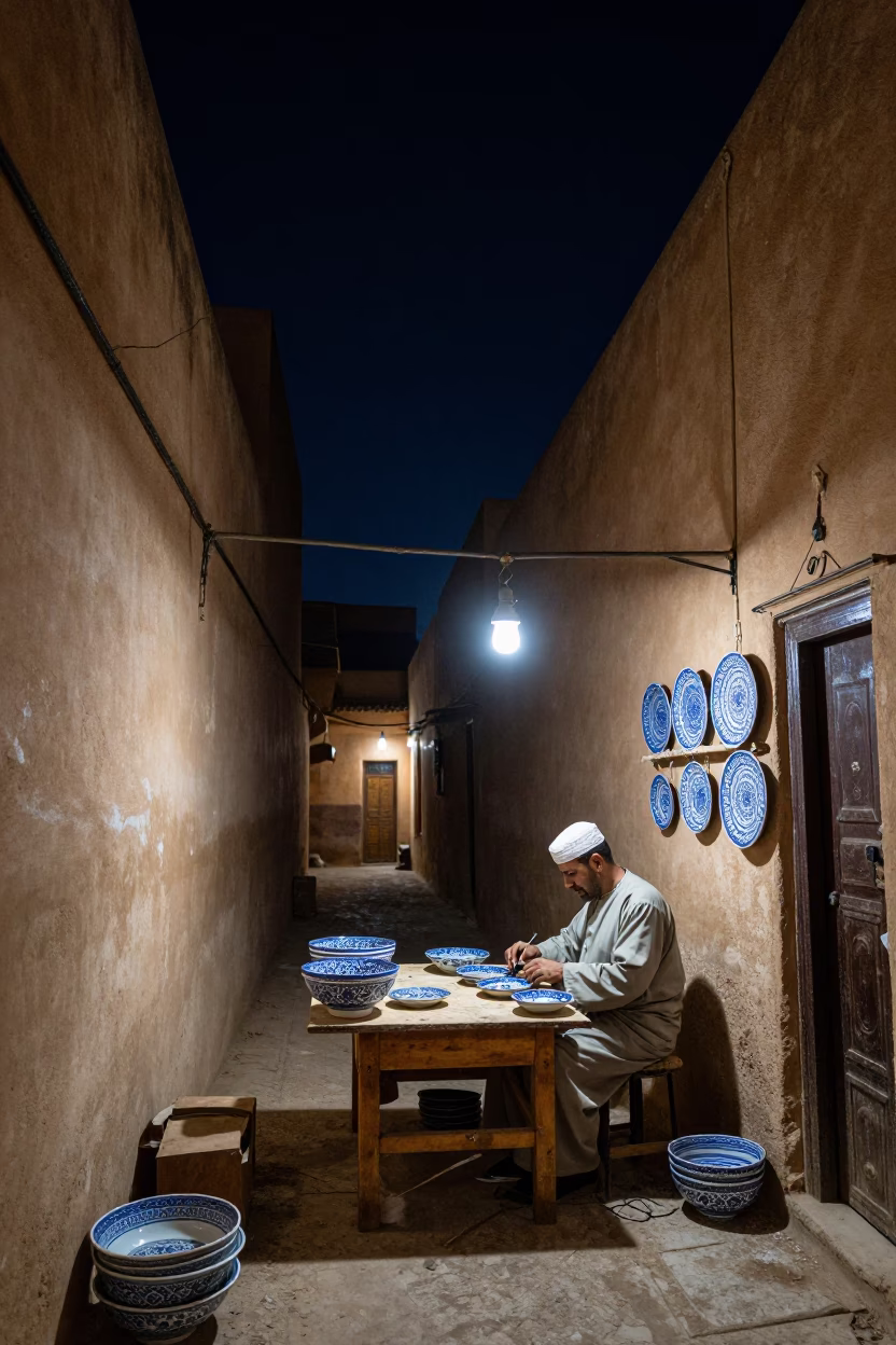 Nighttime Fez Morocco Artisan Workshop with Blue White Porcelain Bowl in in Fez, Morocco