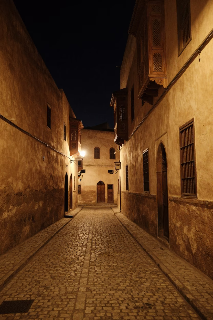 Nighttime Fez Morocco Old City Narrow Alleyway Traditional Architecture Street Scene in in Fez, Morocco