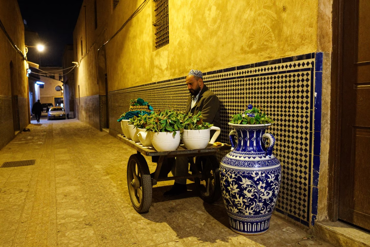 Nighttime Fez Morocco Street Scene with Blue Porcelain Jar and Key Blank in in Fez, Morocco