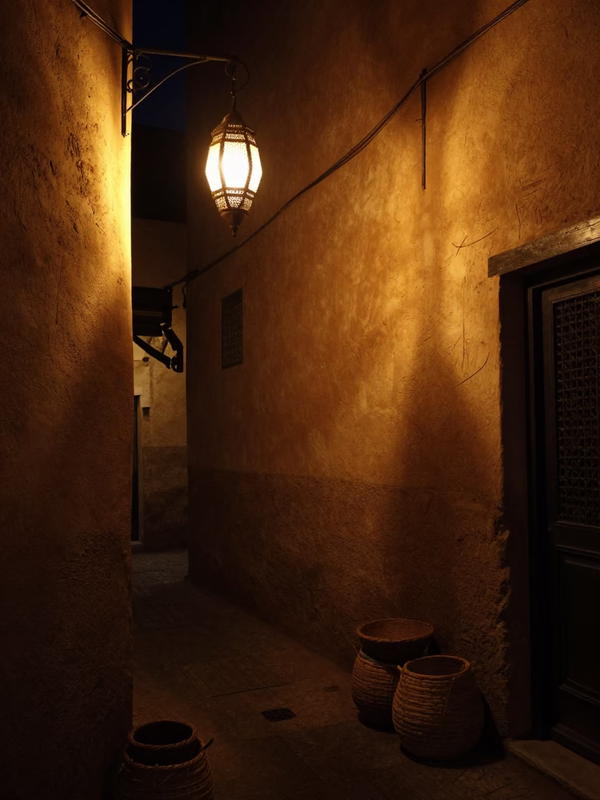 Nighttime Fez Morocco Street Scene with Lantern and Woven Baskets in in Fez, Morocco
