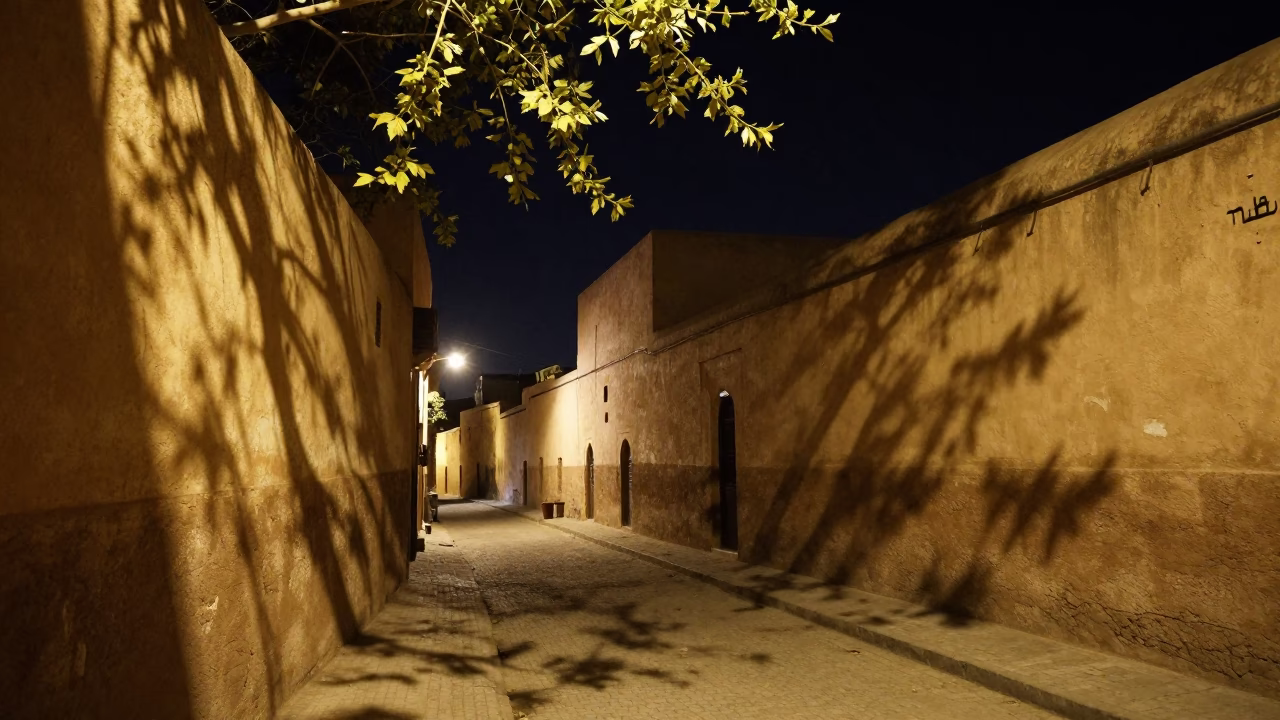 Nighttime Fez Morocco Street Scene with Leaf Shadows and Traditional Decor in in Fez, Morocco