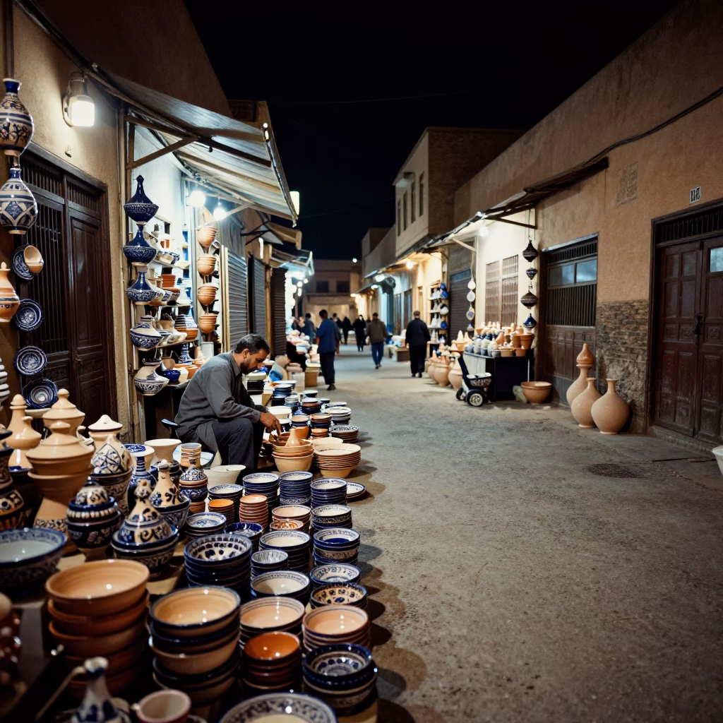 Nighttime Fez Morocco Street Scene with Local Pottery Market Stacked Wares and Warm Lighting in in Fez, Morocco