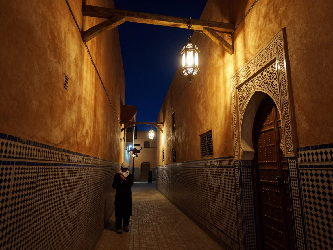 Nighttime Fez Morocco Street Scene with Match Striker and Traditional Lantern Light in in Fez, Morocco