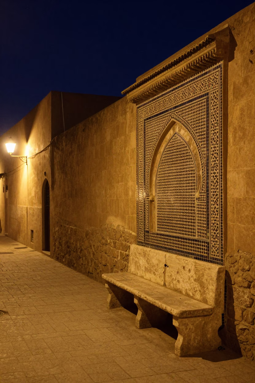Nighttime Fez Morocco street scene with stone bench and traditional architecture under deep sky in in Fez, Morocco