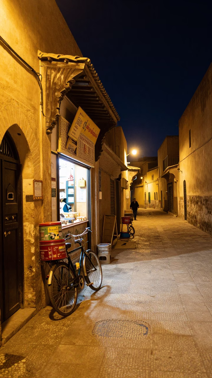 Nighttime Fez Morocco Street Scene with Storage Tins and Bicycle Near Bakery in in Fez, Morocco