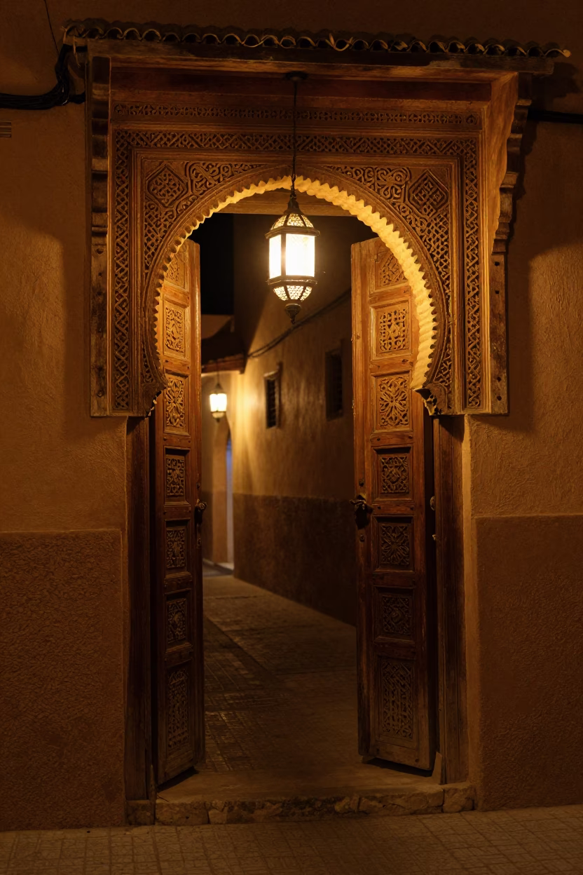 Nighttime Fez Morocco Street Scene with Traditional Doorframe and Lantern Light in in Fez, Morocco