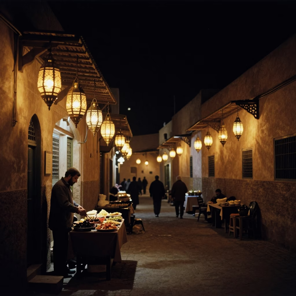 Nighttime Fez Morocco Street Scene with Traditional Food and Lanterns in in Fez, Morocco