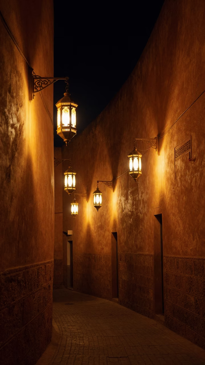Nighttime Fez Morocco street scene with traditional lanterns and local architecture in in Fez, Morocco