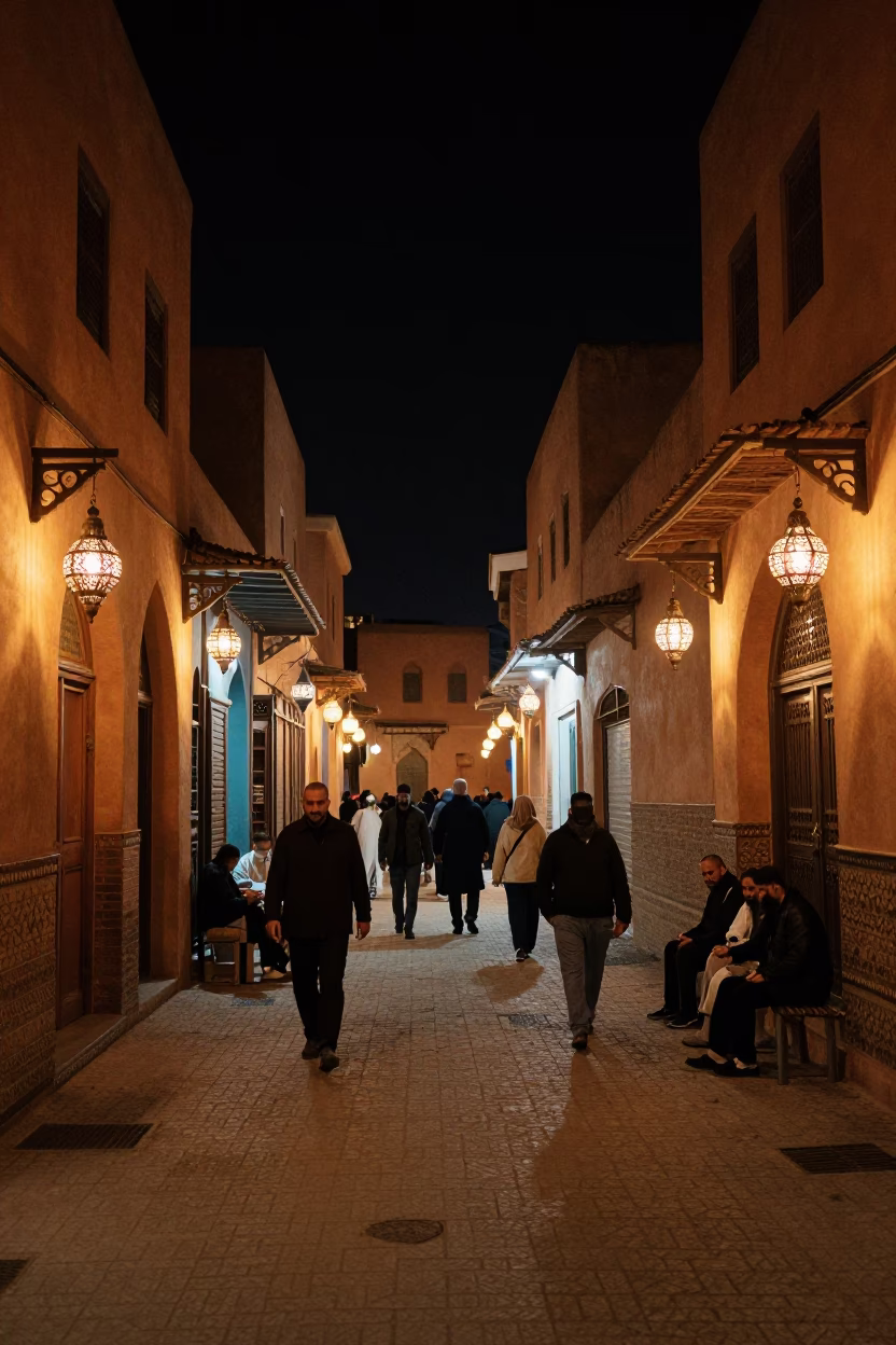 Nighttime Fez Morocco Street Scene with Traditional Lanterns and Local Life in in Fez, Morocco