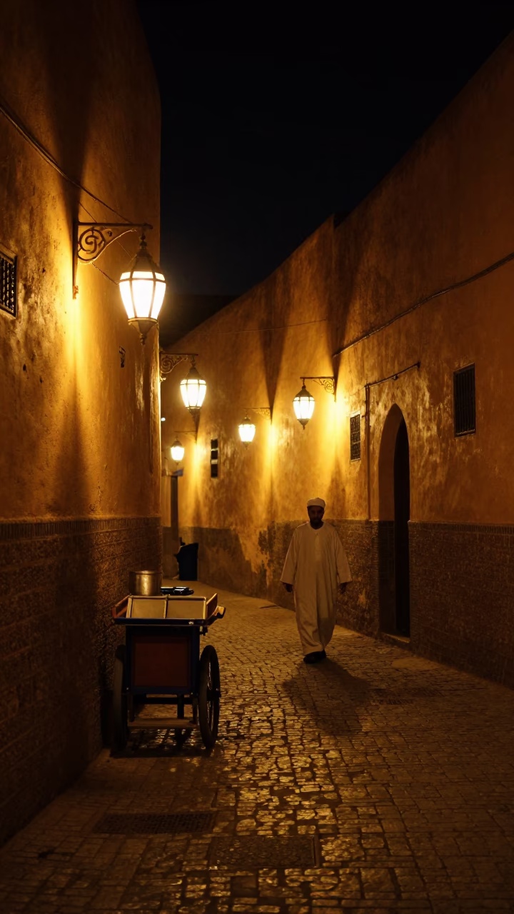 Nighttime Fez Morocco Street Scene with Traditional Lanterns and Local Residents in in Fez, Morocco