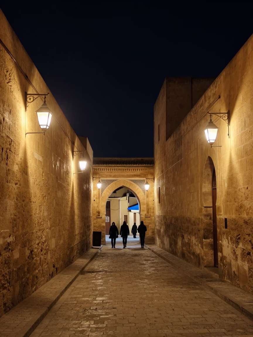 Nighttime Fez Morocco Street Scene with Traditional Lanterns and Stone Architecture in in Fez, Morocco