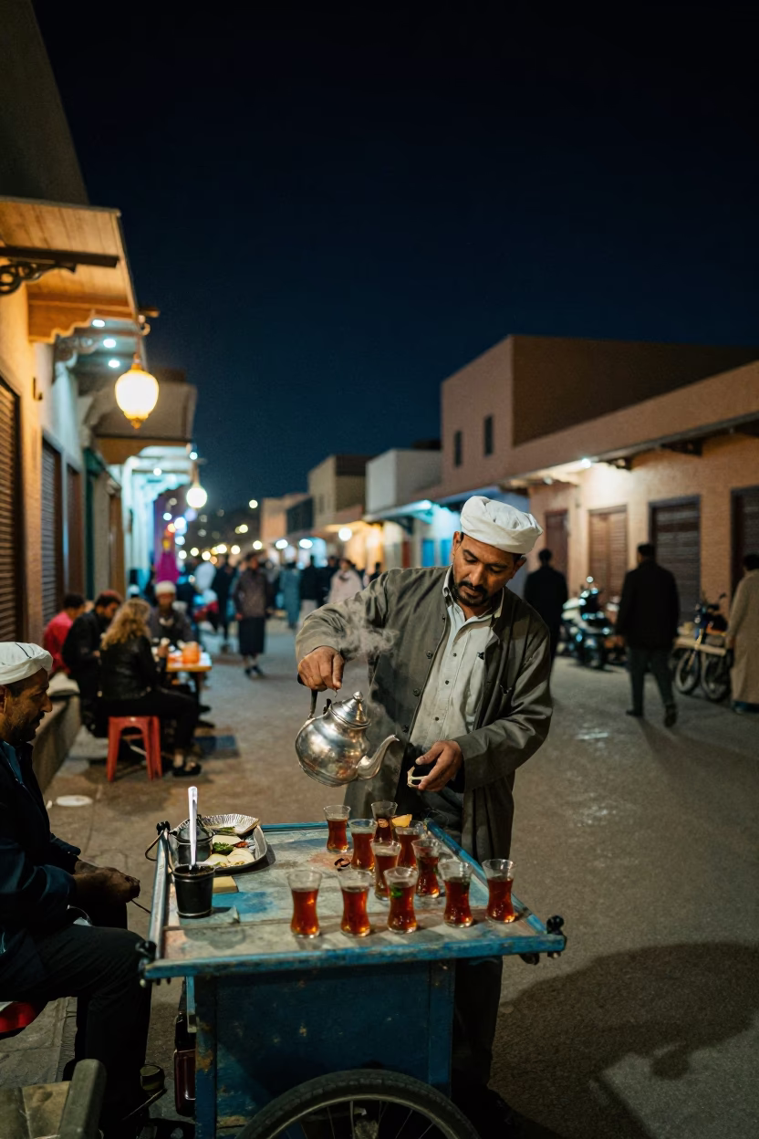 Nighttime Fez Morocco Street Scene with Traditional Teapot and Lantern Light in in Fez, Morocco