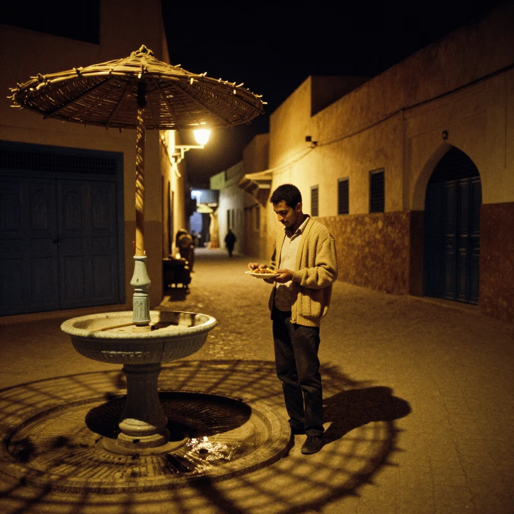 Nighttime Fez Morocco Street Scene with Wicker Shadows and Local Life in in Fez, Morocco
