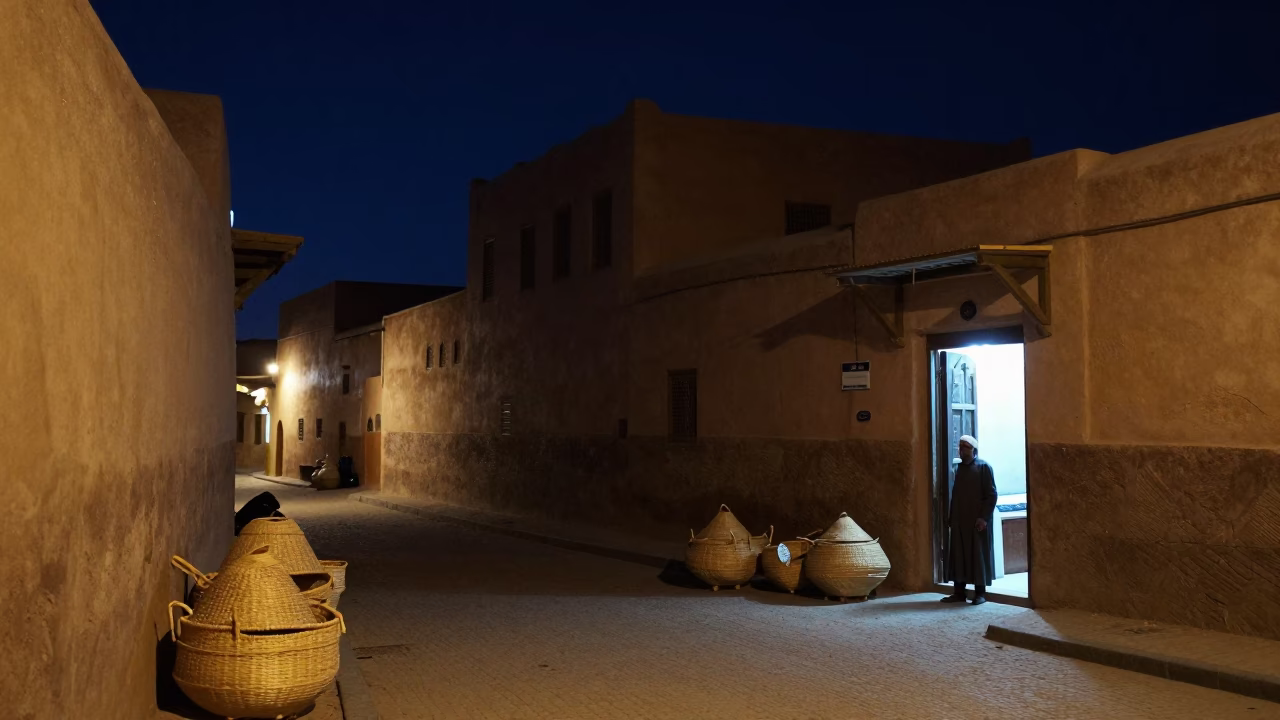 Nighttime Fez Morocco Street Scene with Woven Baskets and Traditional Tea Service in in Fez, Morocco