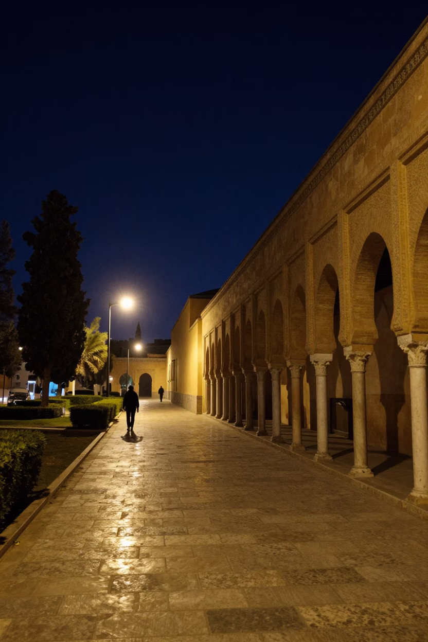 Nighttime Fez Morocco University Cloister Walkway Under Deep Sky in in Fez, Morocco
