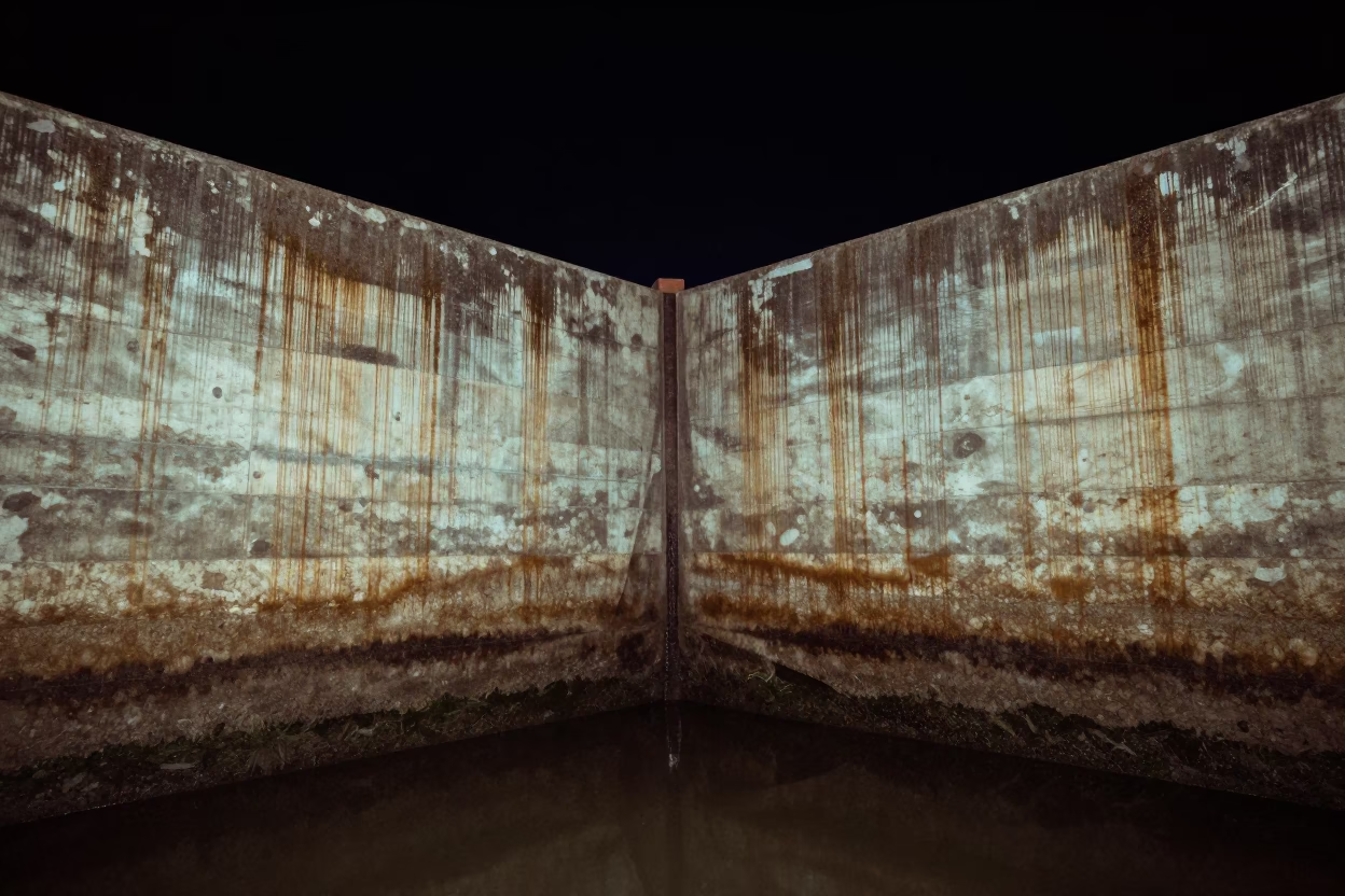 Nighttime Floodgate Chamber and Algae Streaked Concrete Walls in Kochi India Under Deep Sky in in Kochi, India