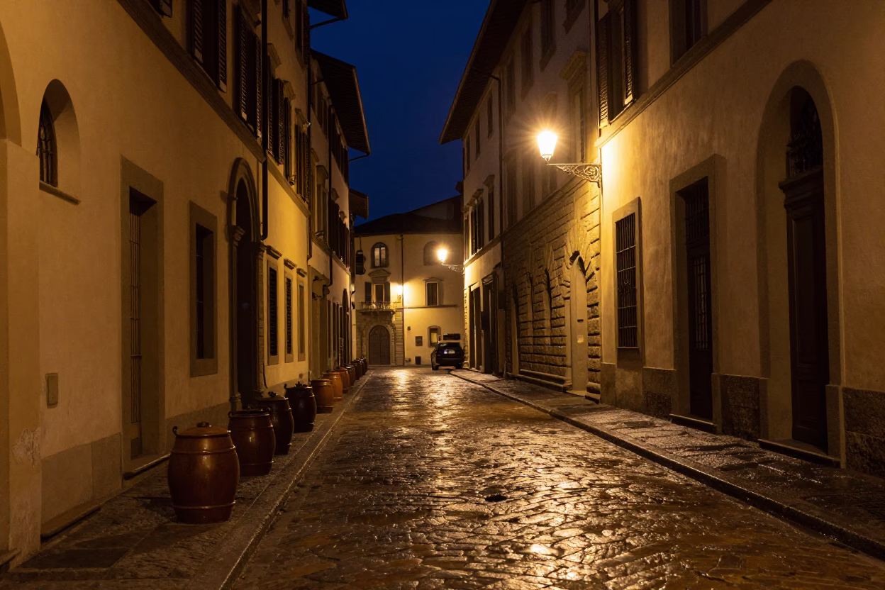 Nighttime Florence Italy Cobblestone Street and Historic Architecture with Canisters in in Florence, Italy