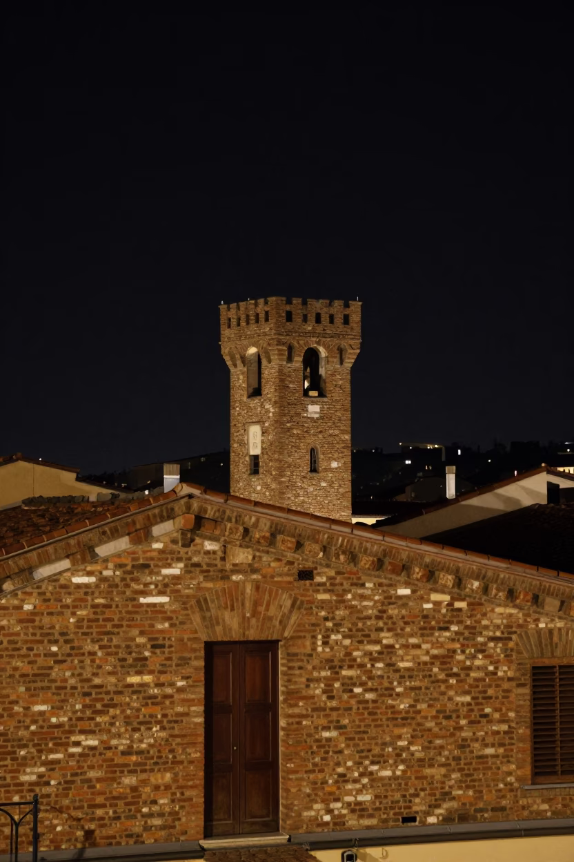 Nighttime Florence Italy Rooftop View with Water Tower and Door Latch Details in in Florence, Italy