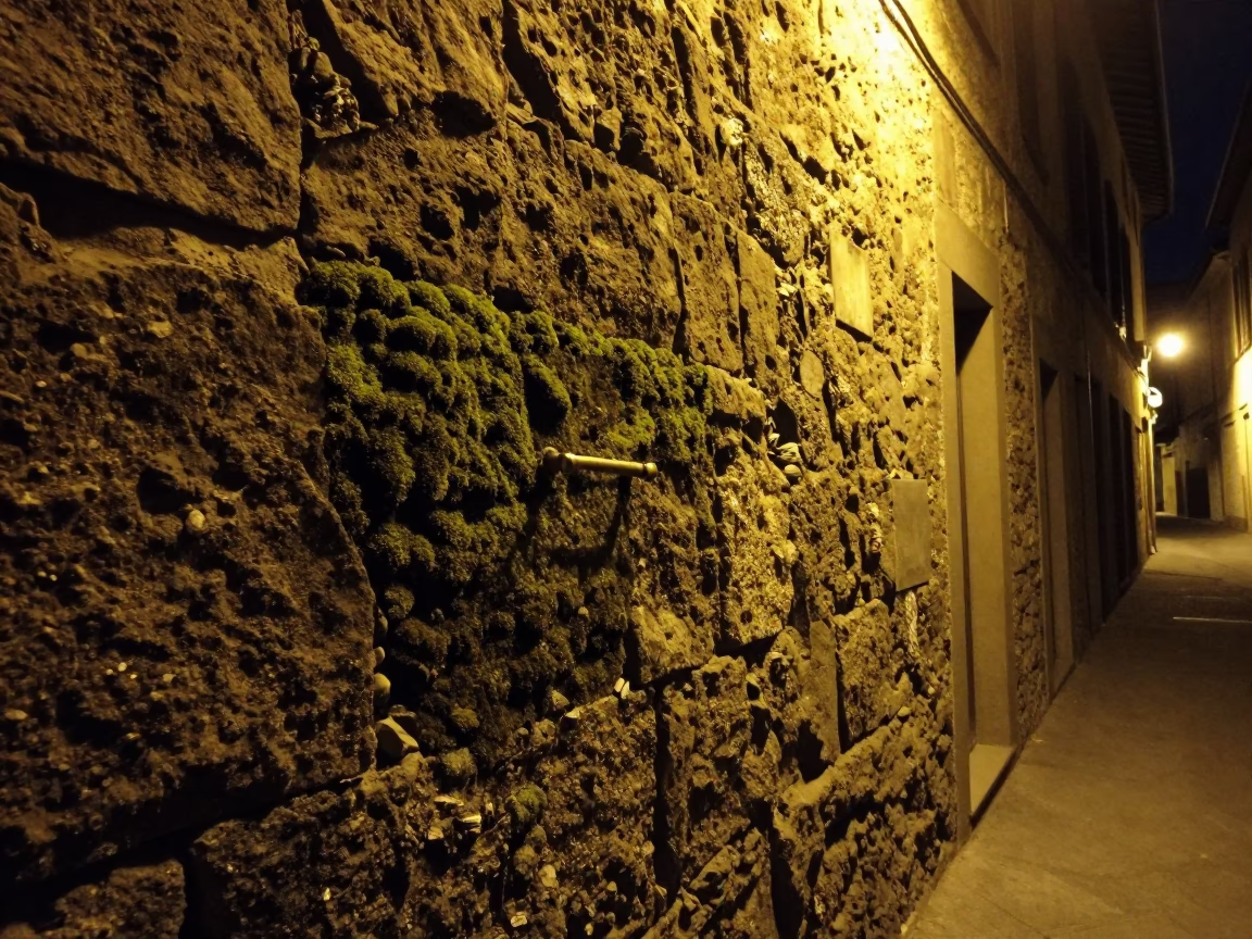 Nighttime Florence Italy Stone Wall Moss and Brass Handle Under Streetlamp in in Florence, Italy