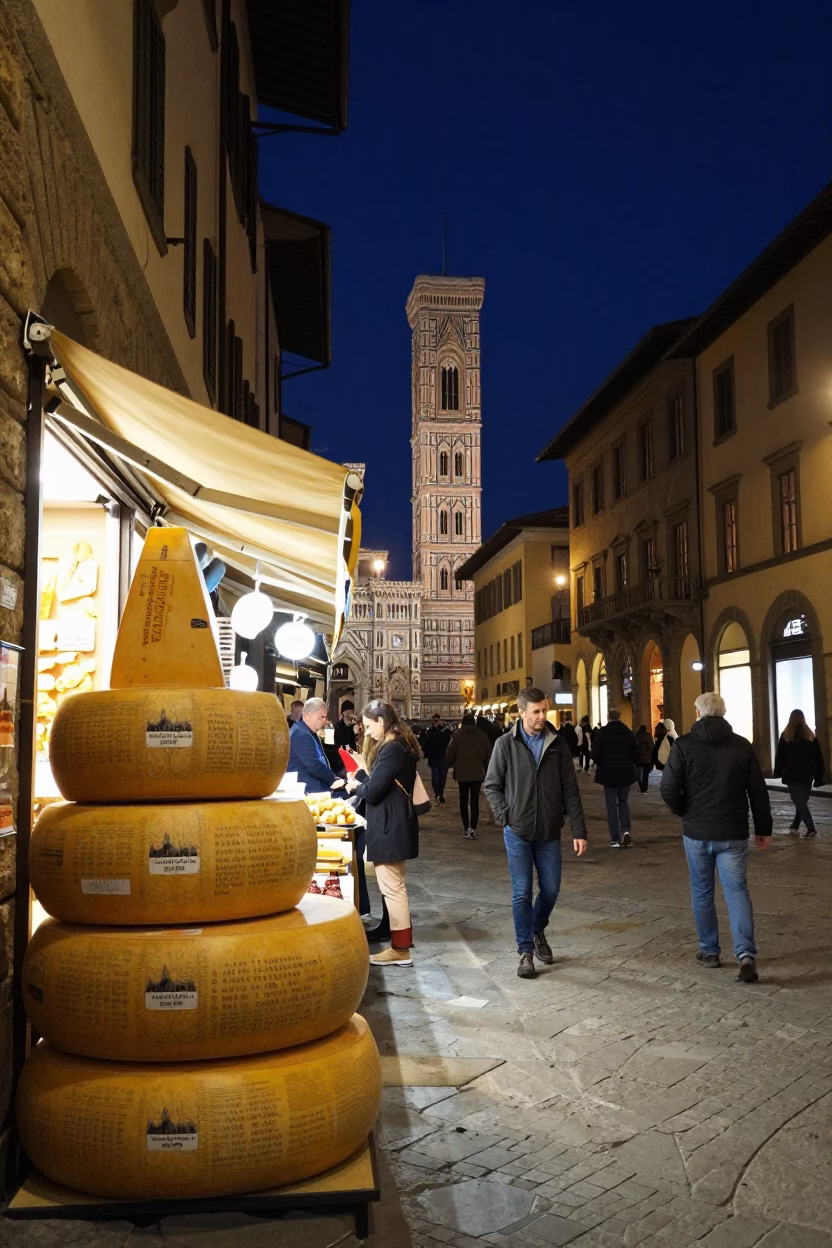 Nighttime Florence Italy street scene with cheese wheel display and local interaction in in Florence, Italy
