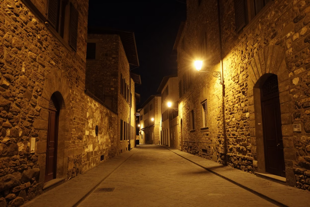 Nighttime Florence Italy street scene with stone architecture and dim lighting in in Florence, Italy