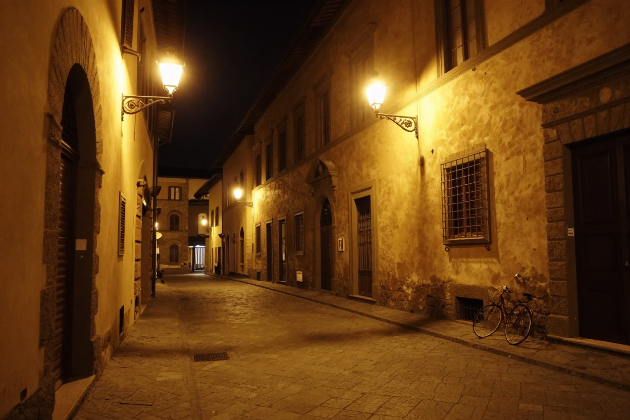 Nighttime Florence Italy Street Scene with Vintage 1960s Aesthetic and Local Dining in in Florence, Italy