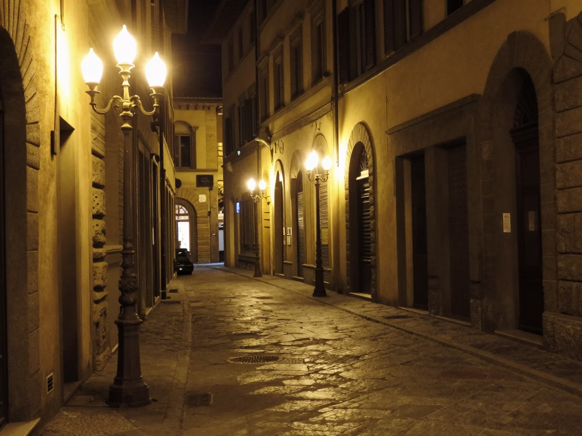 Nighttime Florence Italy Street Scene with Vintage Candelabra and Stone Architecture in in Florence, Italy