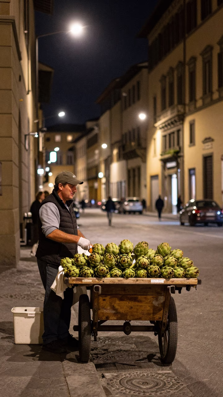 Nighttime Florence Street Scene with Artichokes and Urban Details in in Florence, Italy
