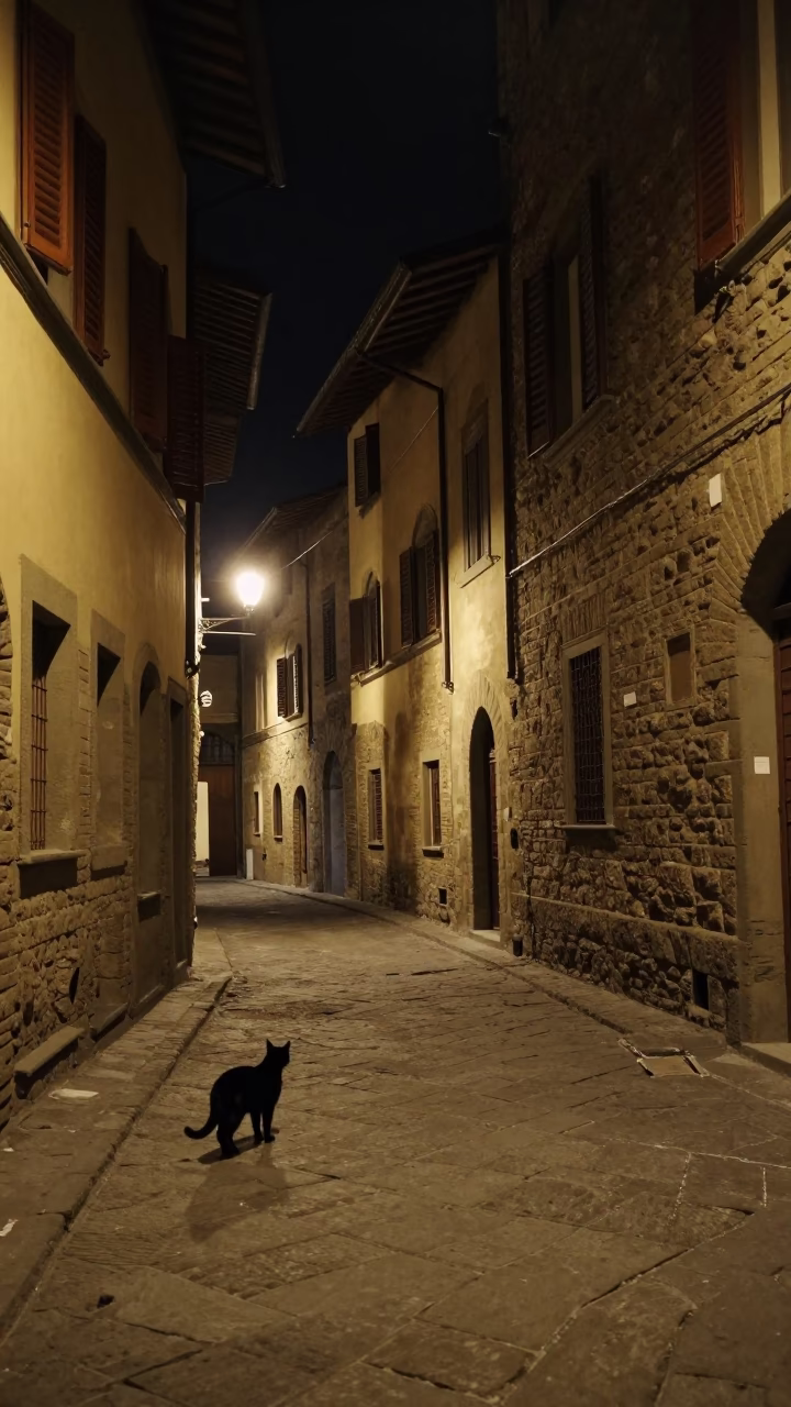 Nighttime Florence Street Scene with Black Cat and Stone Architecture in in Florence, Italy
