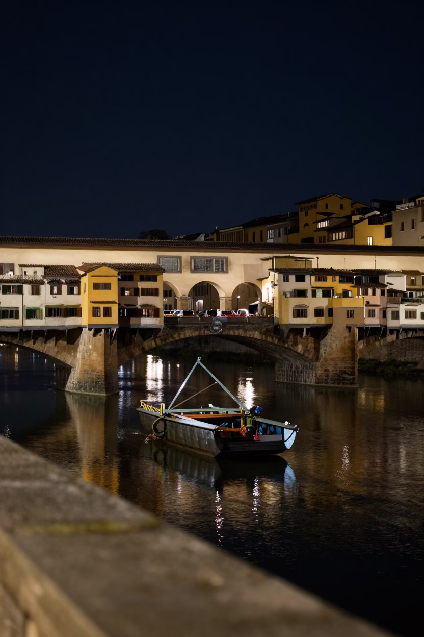 Nighttime Florence Street Scene with Bridge Maintenance Cradle and Historic Stone Architecture in in Florence, Italy