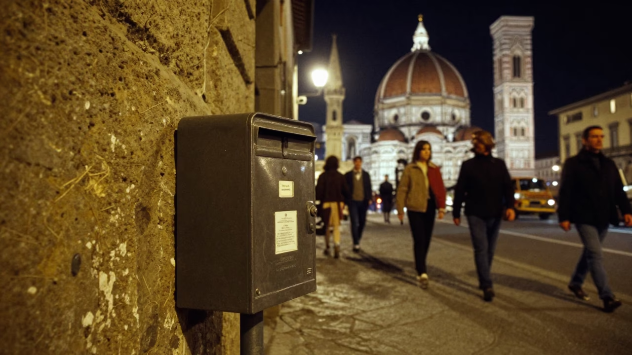 Nighttime Florence Street Scene with Colorful 1980s Details and Local Objects in in Florence, Italy