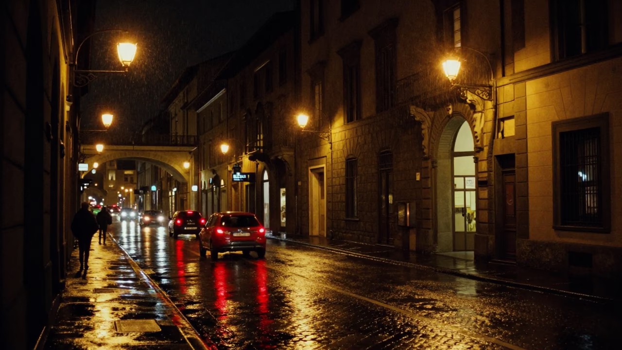 Nighttime Florence Street Scene with Glowing Overpass and Rain-Slicked Cobblestones in in Florence, Italy