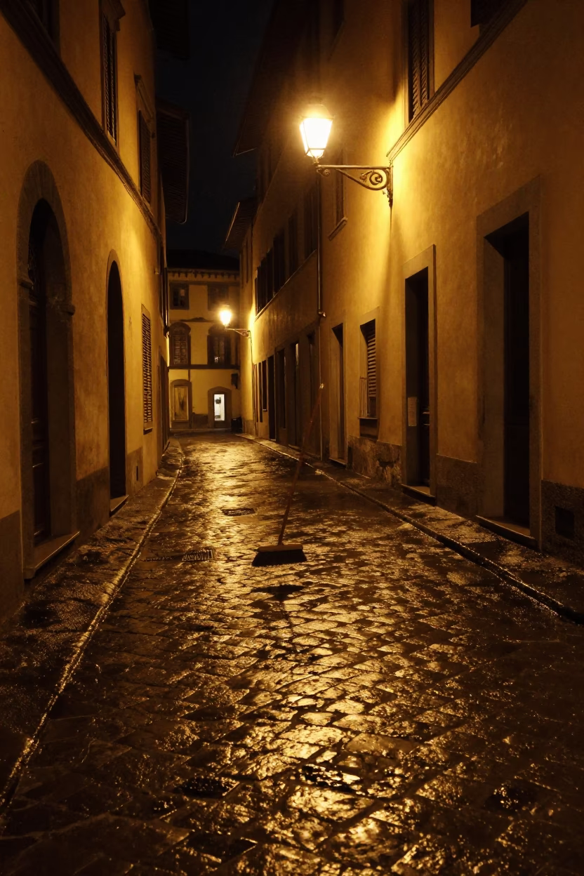 Nighttime Florence Street Scene with Hand Broom and Cobblestone Alley in Italy in in Florence, Italy
