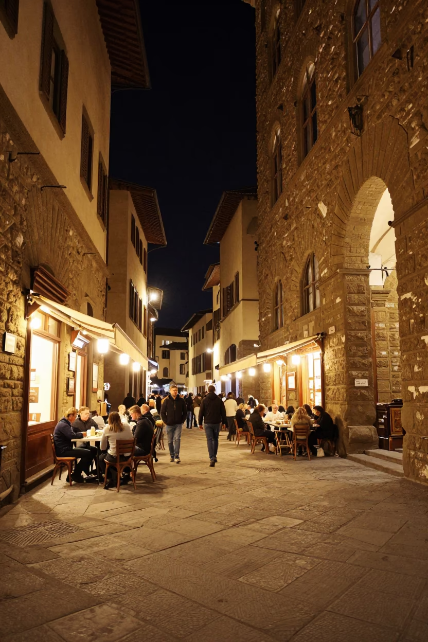 Nighttime Florence Street Scene with Historic Architecture and Local Diners in in Florence, Italy