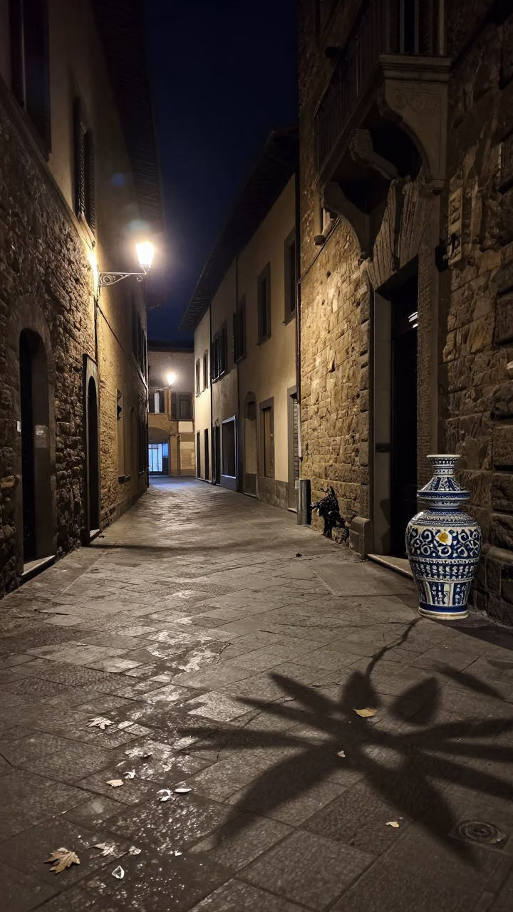 Nighttime Florence Street Scene with Leaf Shadows and Ceramic Pots in in Florence, Italy