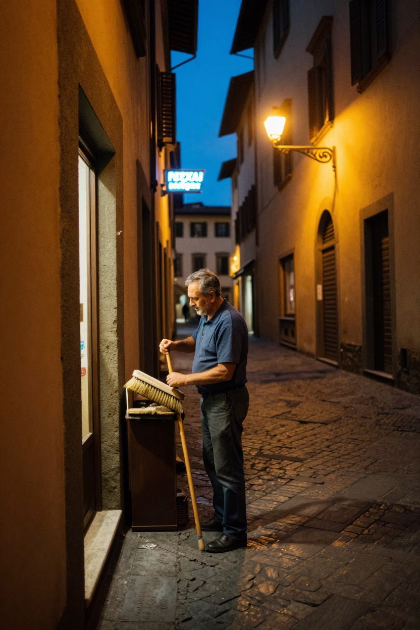 Nighttime Florence Street Scene with Local Shopkeeper and Urban Details in in Florence, Italy