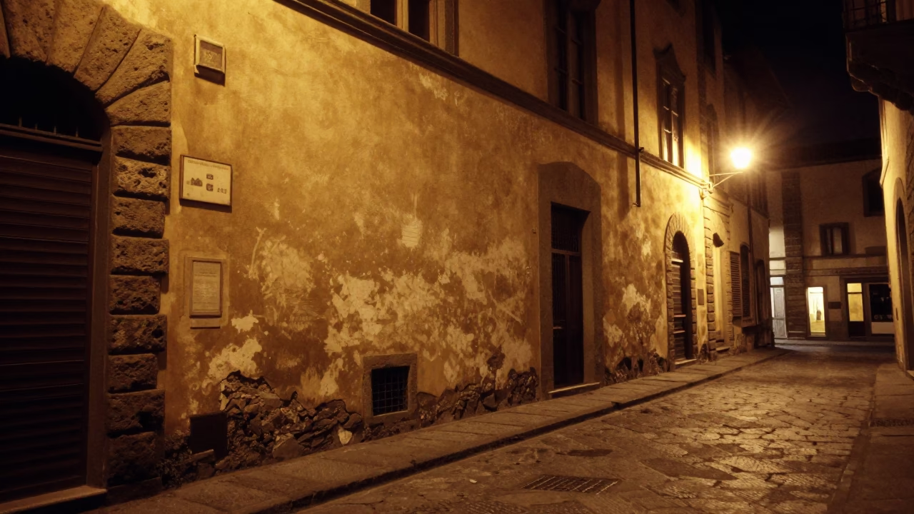 Nighttime Florence street scene with old building facade and wet cobblestones in in Florence, Italy