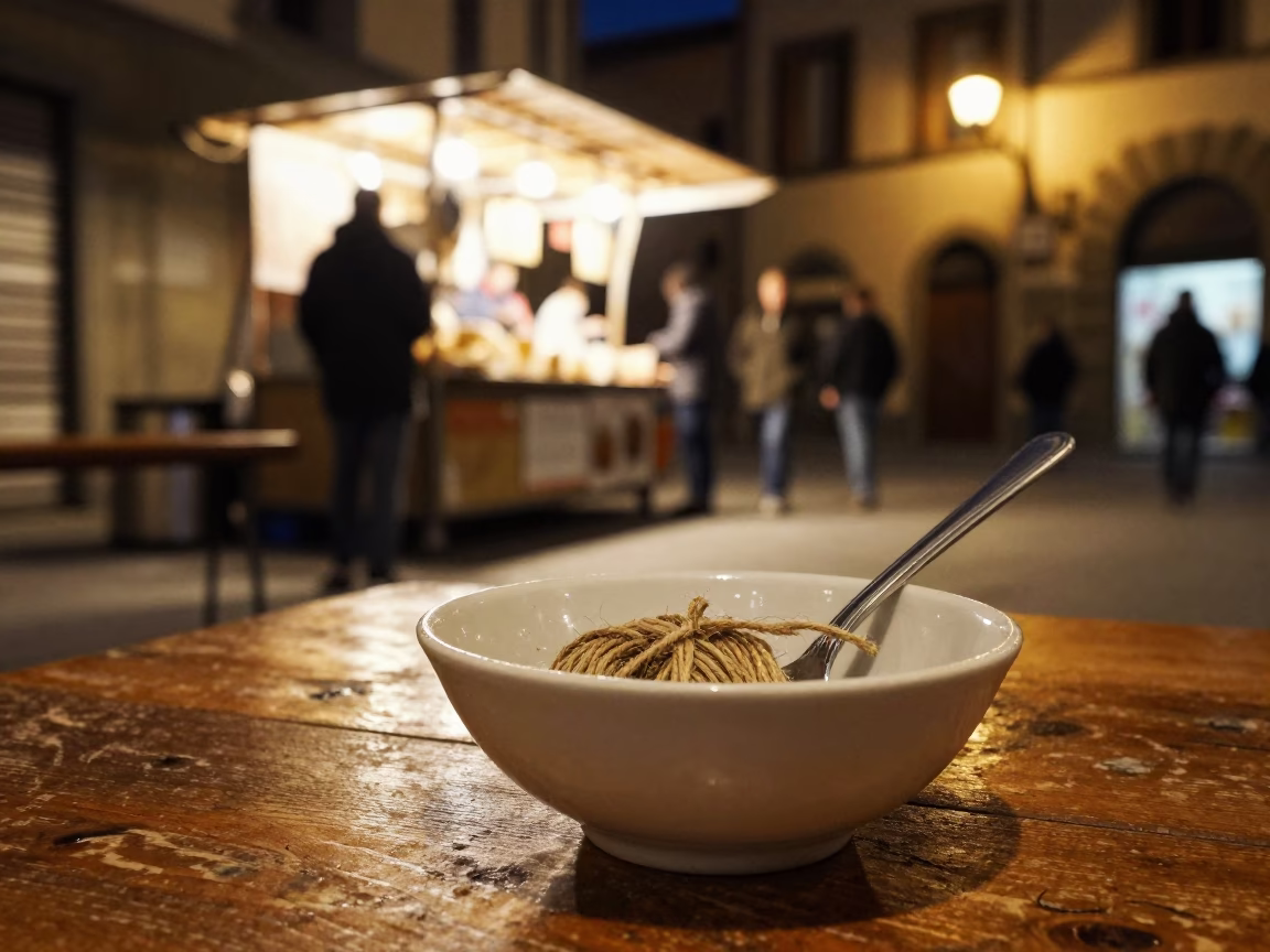 Nighttime Florence Street Scene with Serving Spoon and Twine on Rustic Table in in Florence, Italy