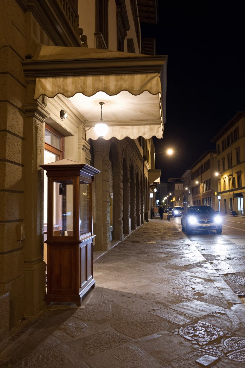 Nighttime Florence Street Scene with Valet Stand Under Hotel Awning Reflecting Headlight Streaks in in Florence, Italy