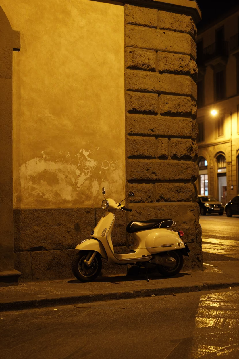 Nighttime Florence Street Scene with Vintage Motorcycle and Urban Architecture in in Florence, Italy