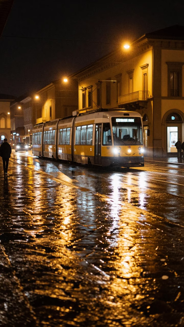 Nighttime Florence Tram Reflections on Wet Cobblestones in in Florence, Italy