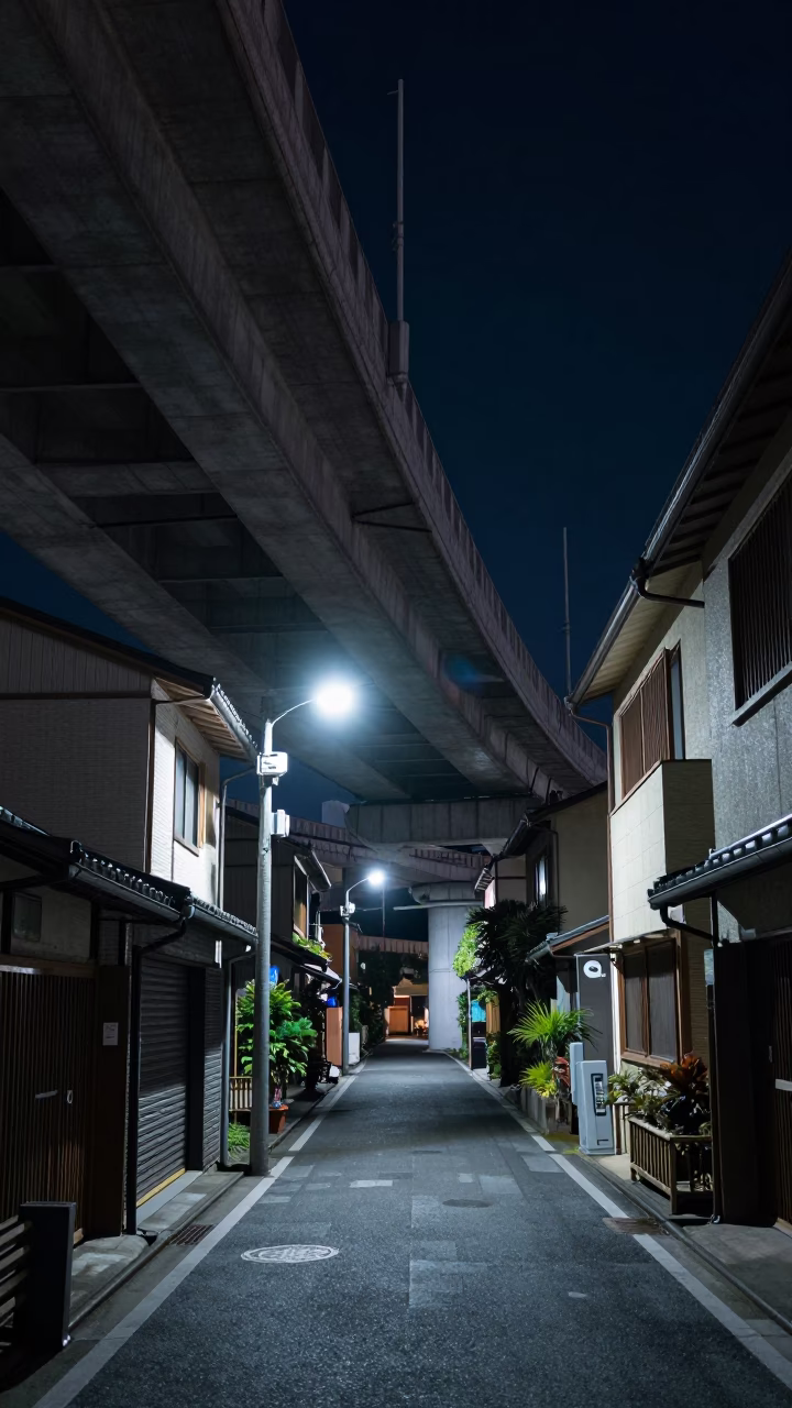 Nighttime Fukuoka Street Scene with Flyover Shadows and Local Food Vendor in in Fukuoka, Japan