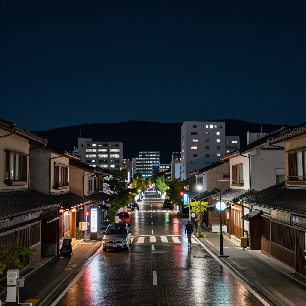 Nighttime Fukuoka Street Scene with Neon Reflections and Traditional Lanterns in in Fukuoka, Japan