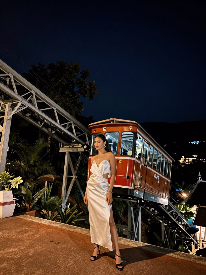 Nighttime Funicular Climb in Luang Prabang Laos High Fashion Street Photography in in Luang Prabang, Laos