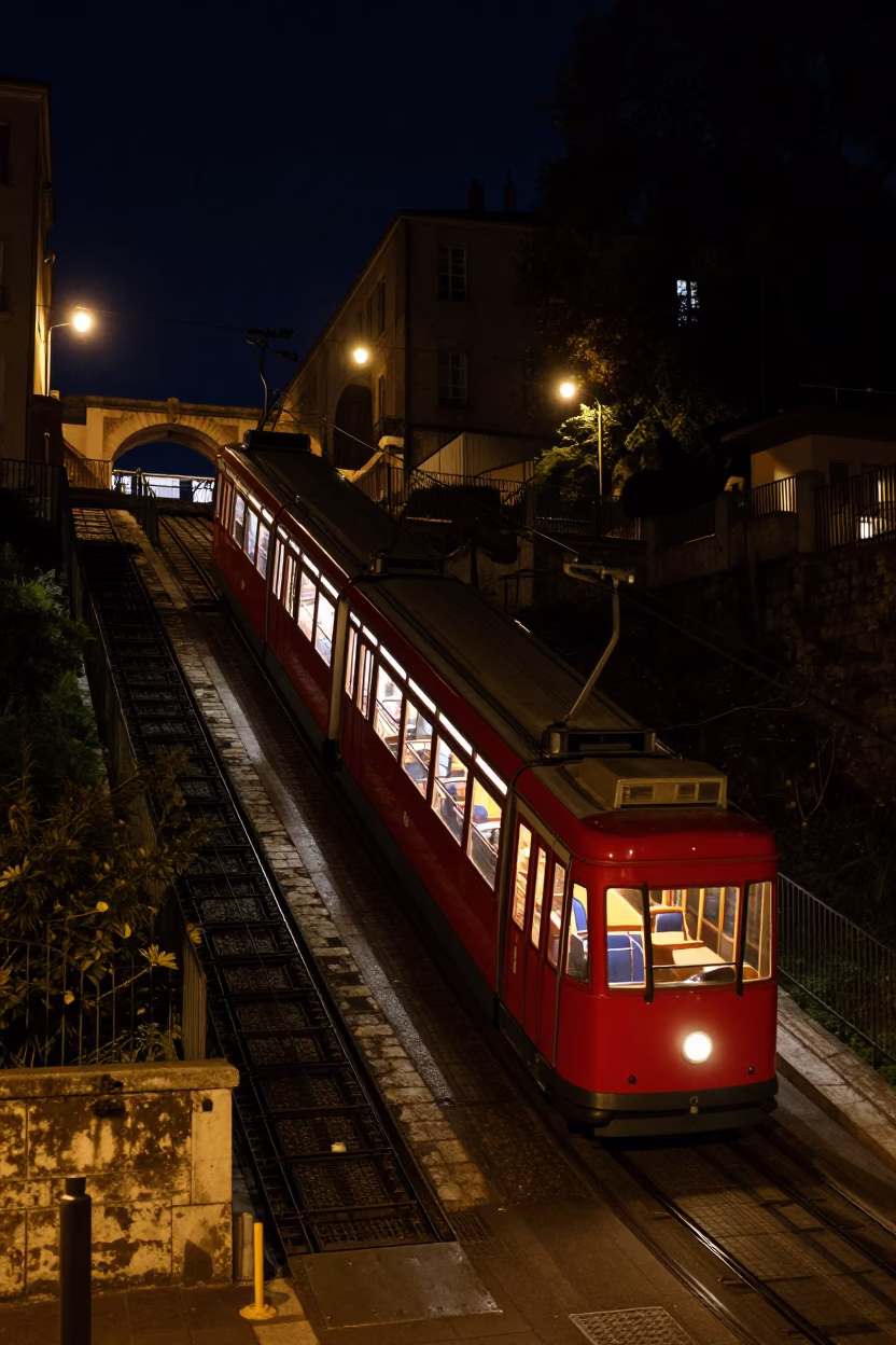 Nighttime Funicular Climb in Lyon France with Street Lighting and Urban Hillside in in Lyon, France